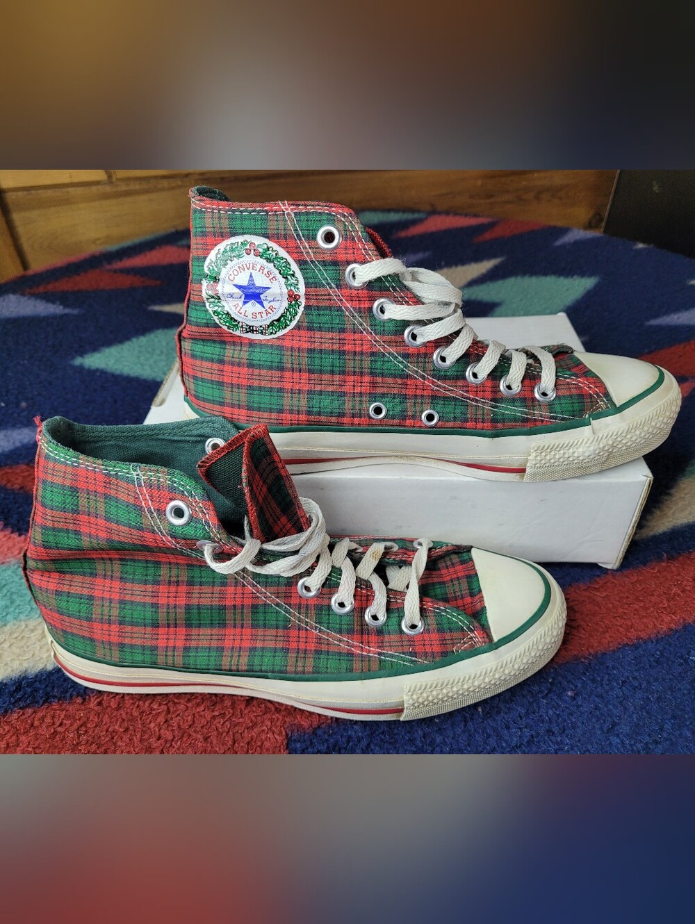 Vtg Converse All Star Christmas Sneakers Mens 6.5 / Womens 8 Plaid High Top USA